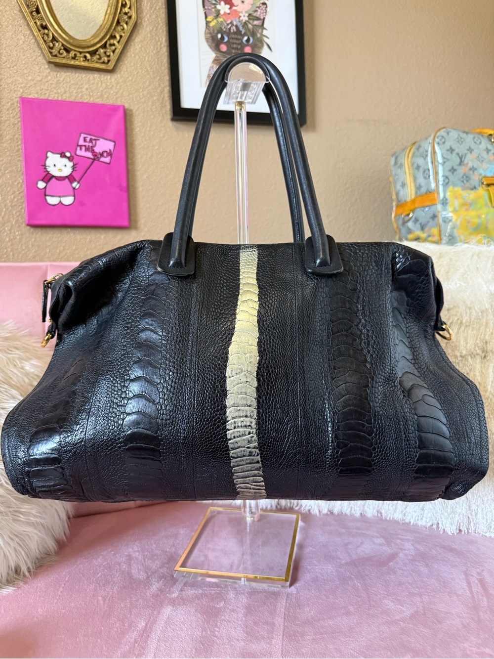 💯Auth MAIYET Black Ostrich Leg Shoulder Bag w Metallic Cream Accent